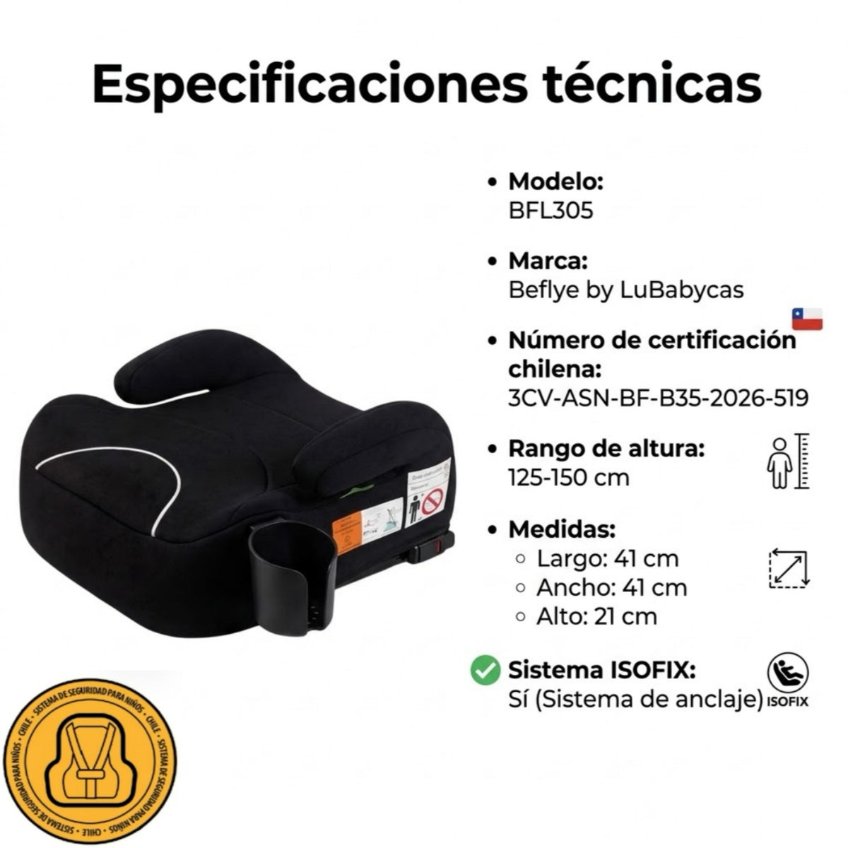 Silla Auto Alzador ISOFIX Posa Vaso BFL305 Negra LuBabycas