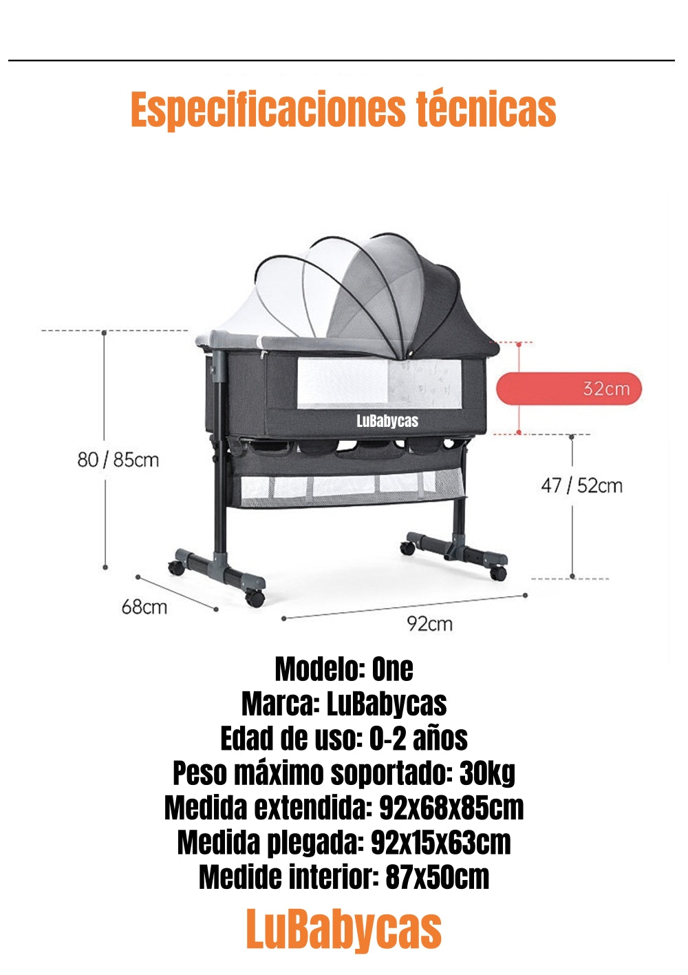 Cuna Colecho One Con Mosquitero Colchón Gris LuBabycas