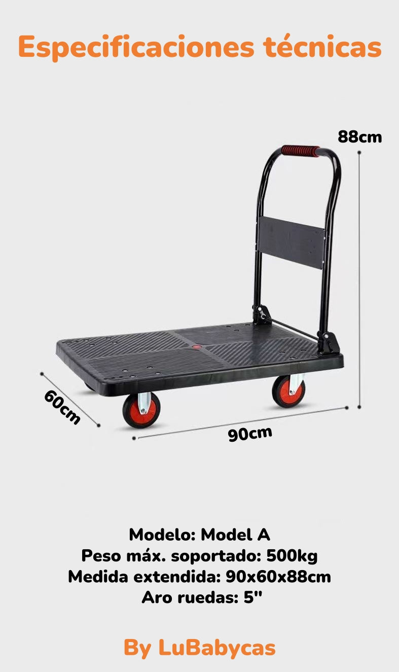 Carro De Carga Plegable Plataforma 500KG 90x60cm LuBabycas