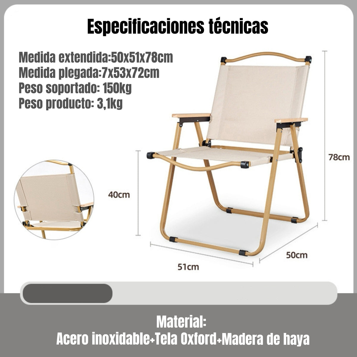 Silla Plegable Camping Con Bolsillo Playa Picnic Beige Kemi