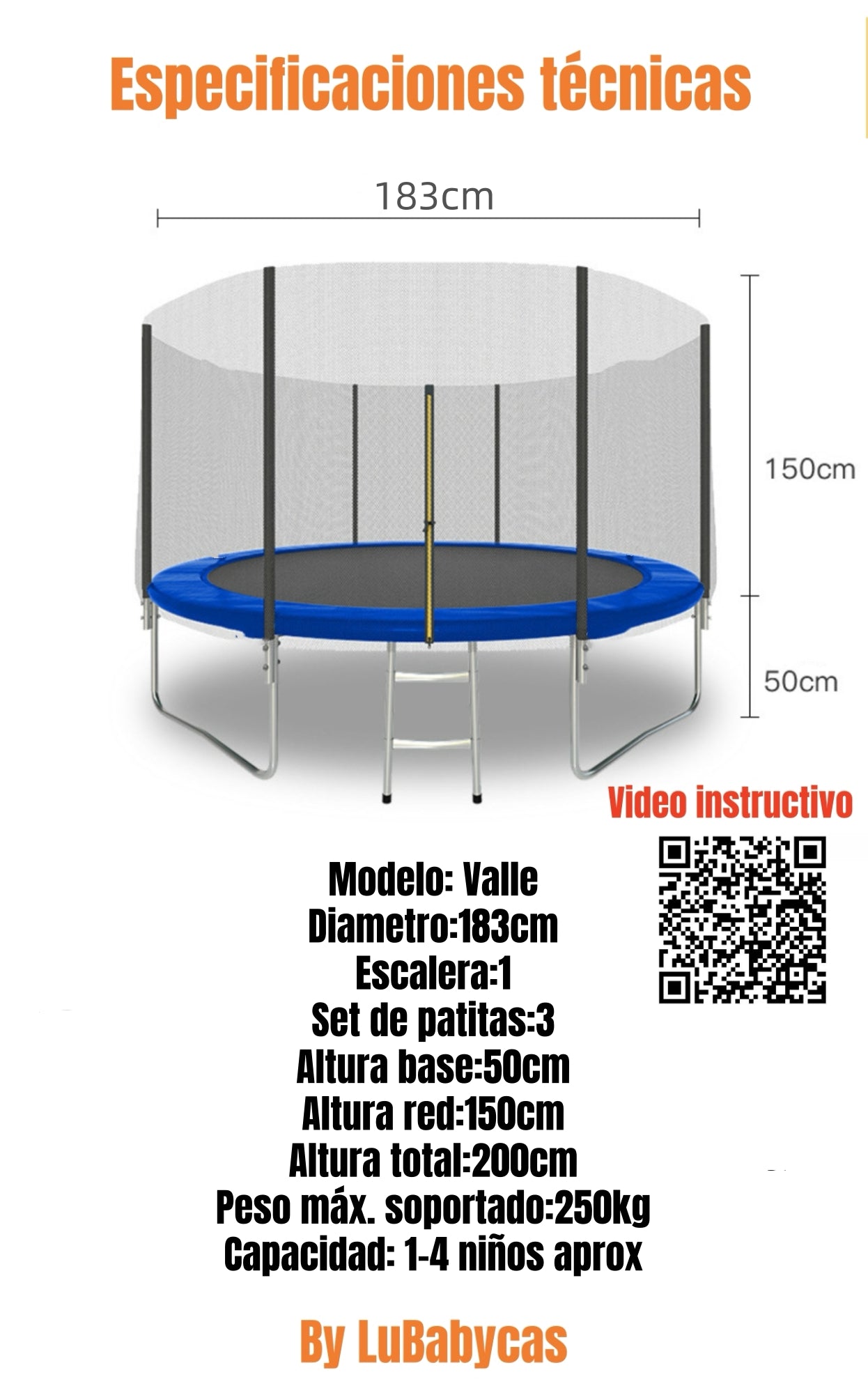 Cama Elástica Trampoline LuBabycas 183cm Escalera Valle