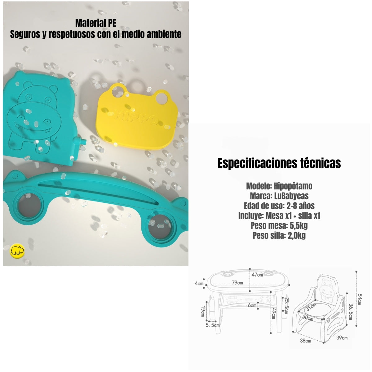Mesa Con Silla Montessori Para Niños Hipopótamo LuBabycas