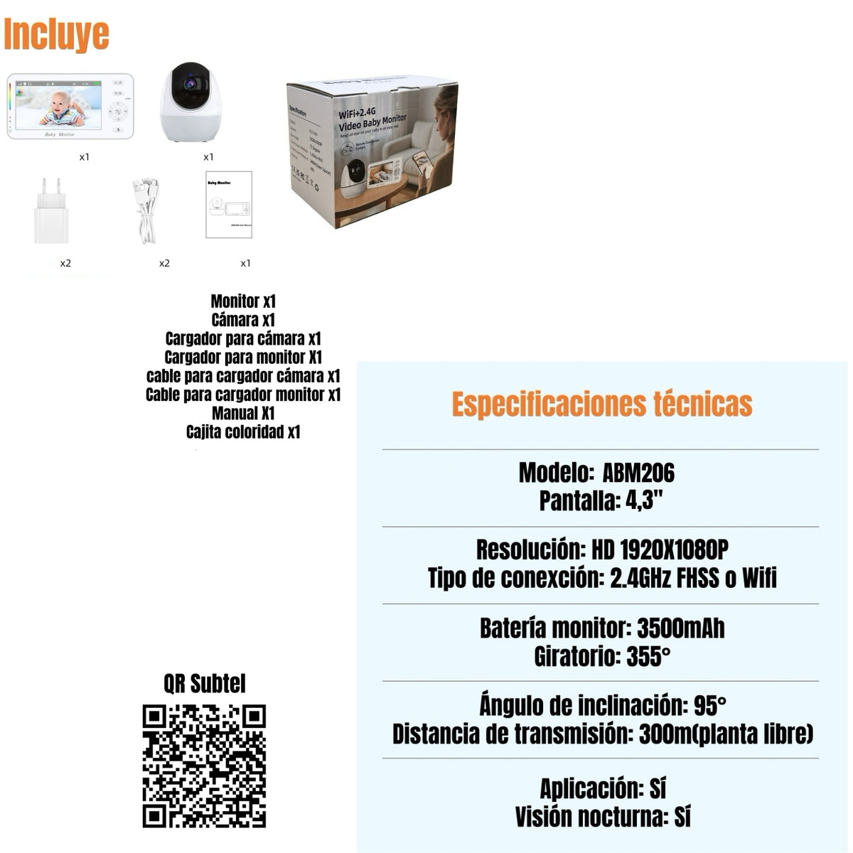 Cámara Monitor Con APP Pantalla 4,3″1080P ABM206 LuBabycas