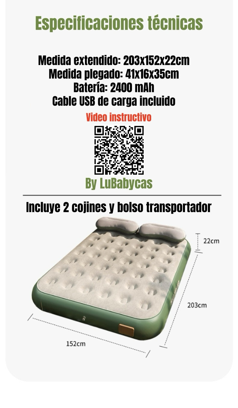 Colchón Cama Inflable Eléctrico Con Cojín Bolso 2 Plazas Sun