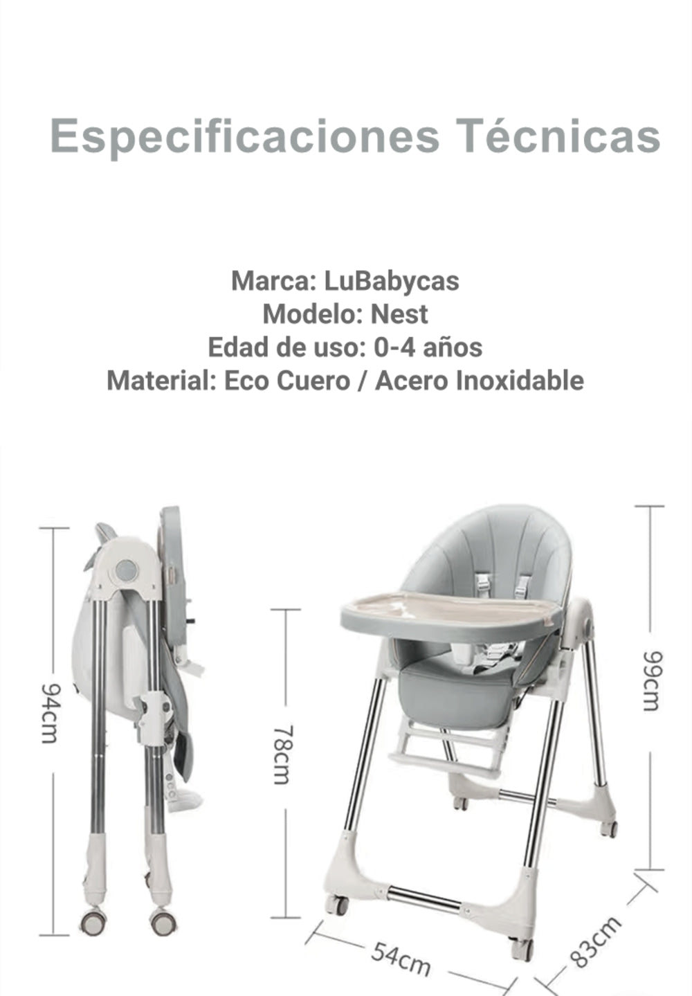 Silla De Comer Lubabycas Plegable Con Ruedas Gris