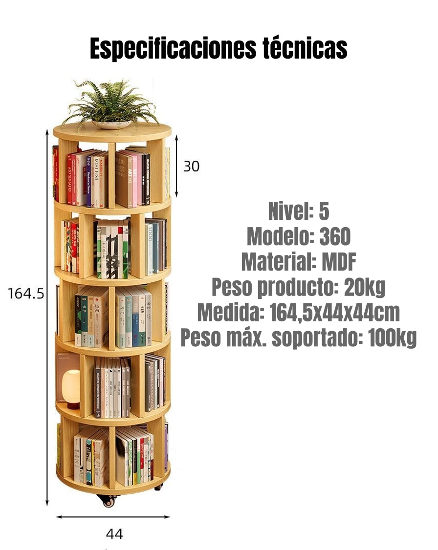 Biblioteca Giratoria 360 Librero Organizador Ruedas 165cm