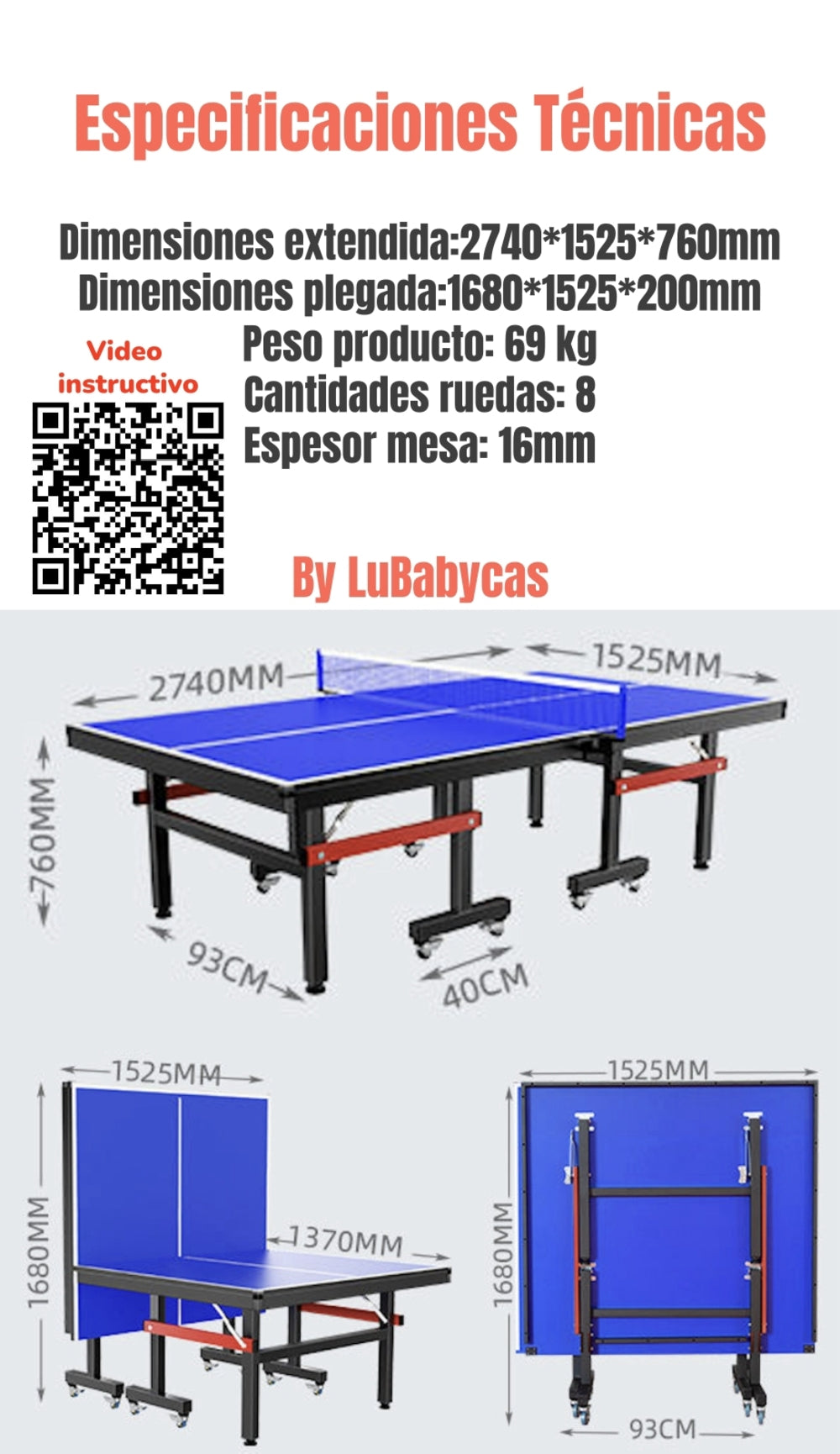 Mesa De Ping Pong Profesional Plegable Accesorios LuBabycas