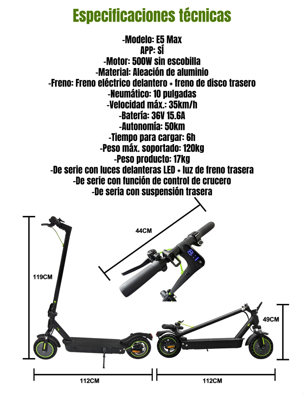 Scooter Eléctrico Aluminio Con APP 50KM 36V 500W E5Max