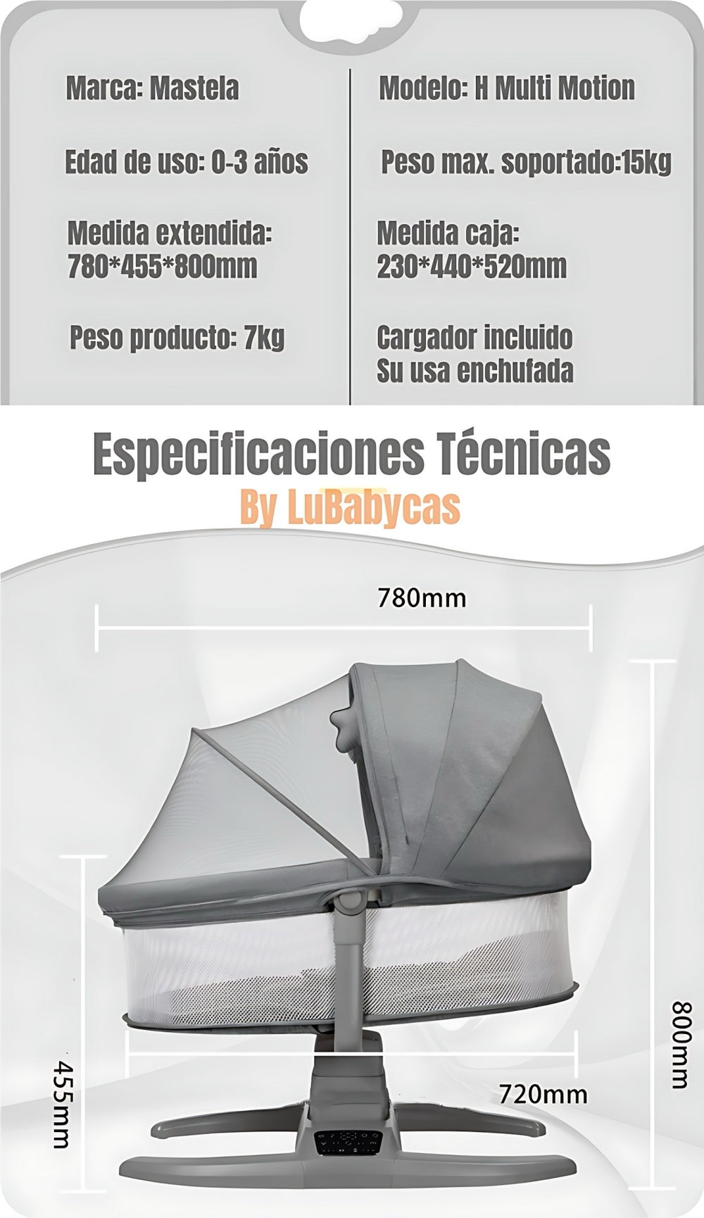 Cuna Mecedora Eléctrica 2 En 1 Mastela Gris LuBabycas