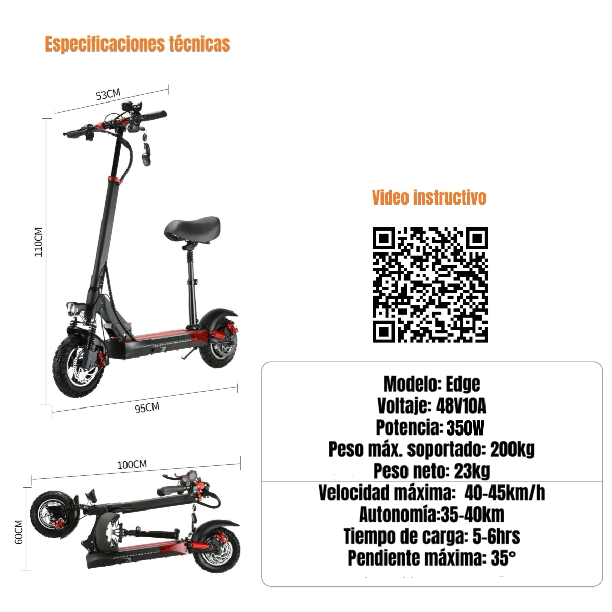 Scooter Adulto Eléctrico 40KM 48V 350W Edge Negro