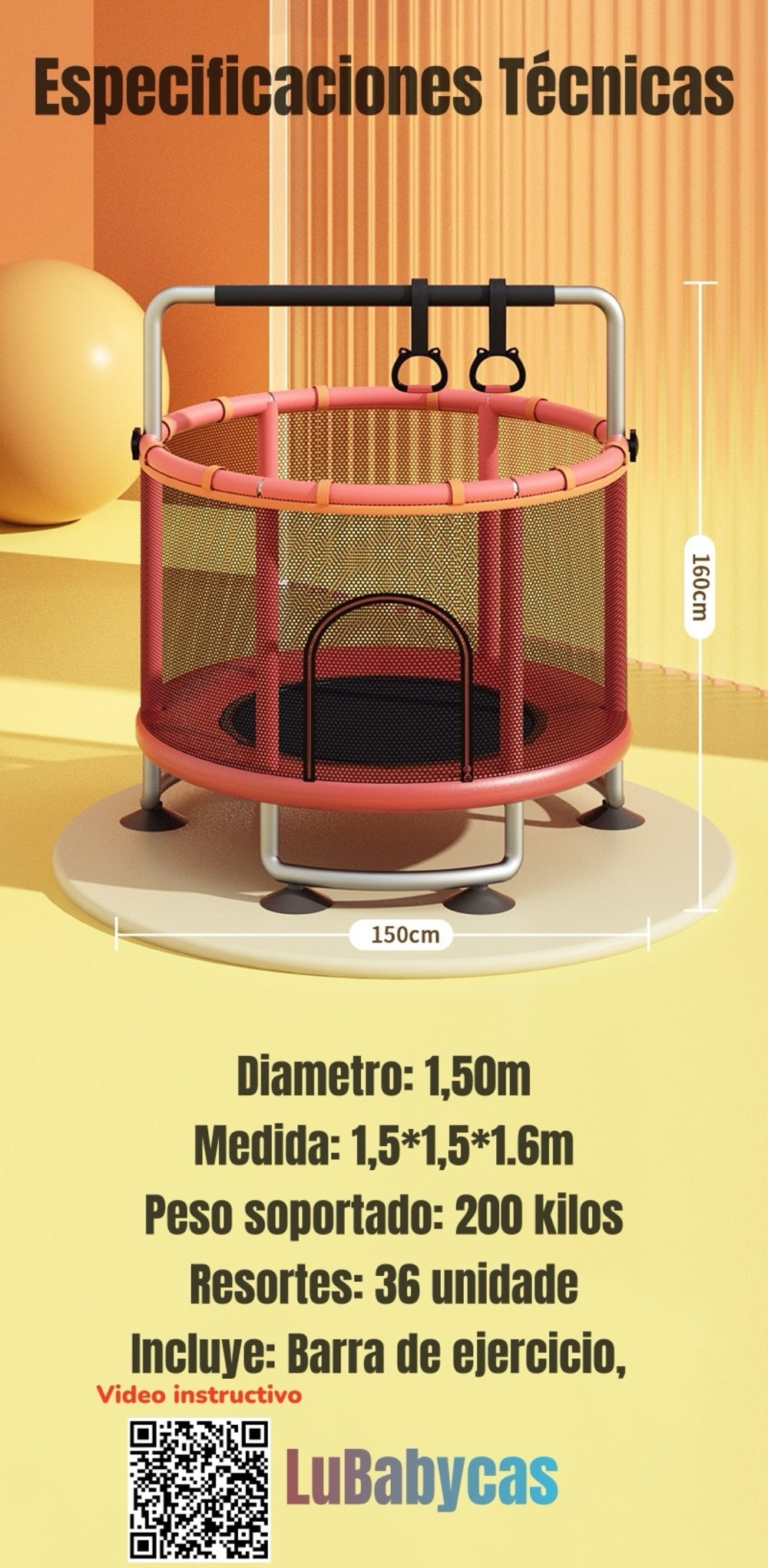 Cama Elástica Trampoline 150cm Con Barra Ejercicio LuBabycas