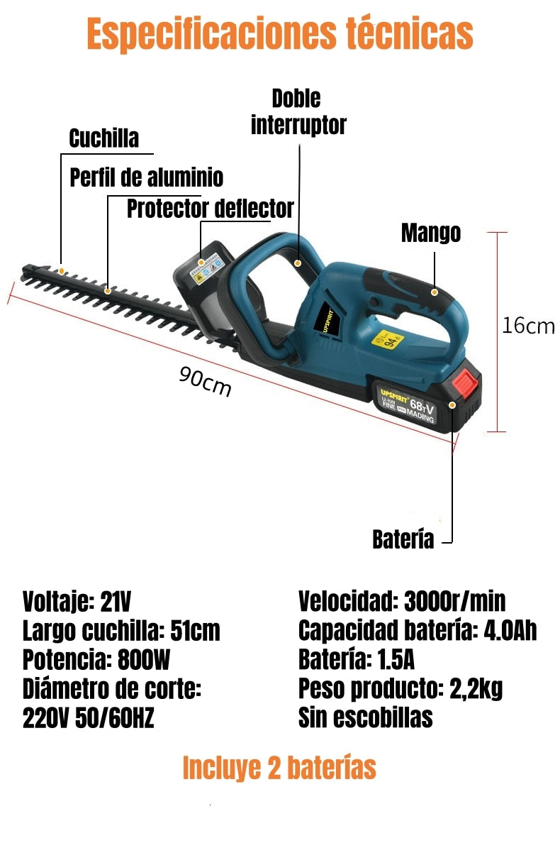 Cortasetos Eléctrico Inalámbrico 18" 800W Con 2 Baterías F03