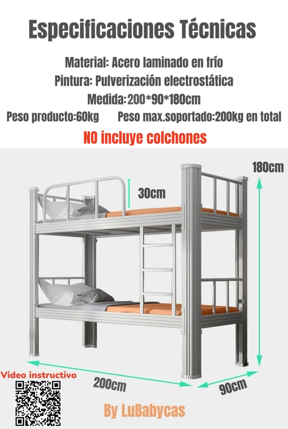 Camarote Metálico 1 Plaza 200x90x180cm Con Bases LuBabycas