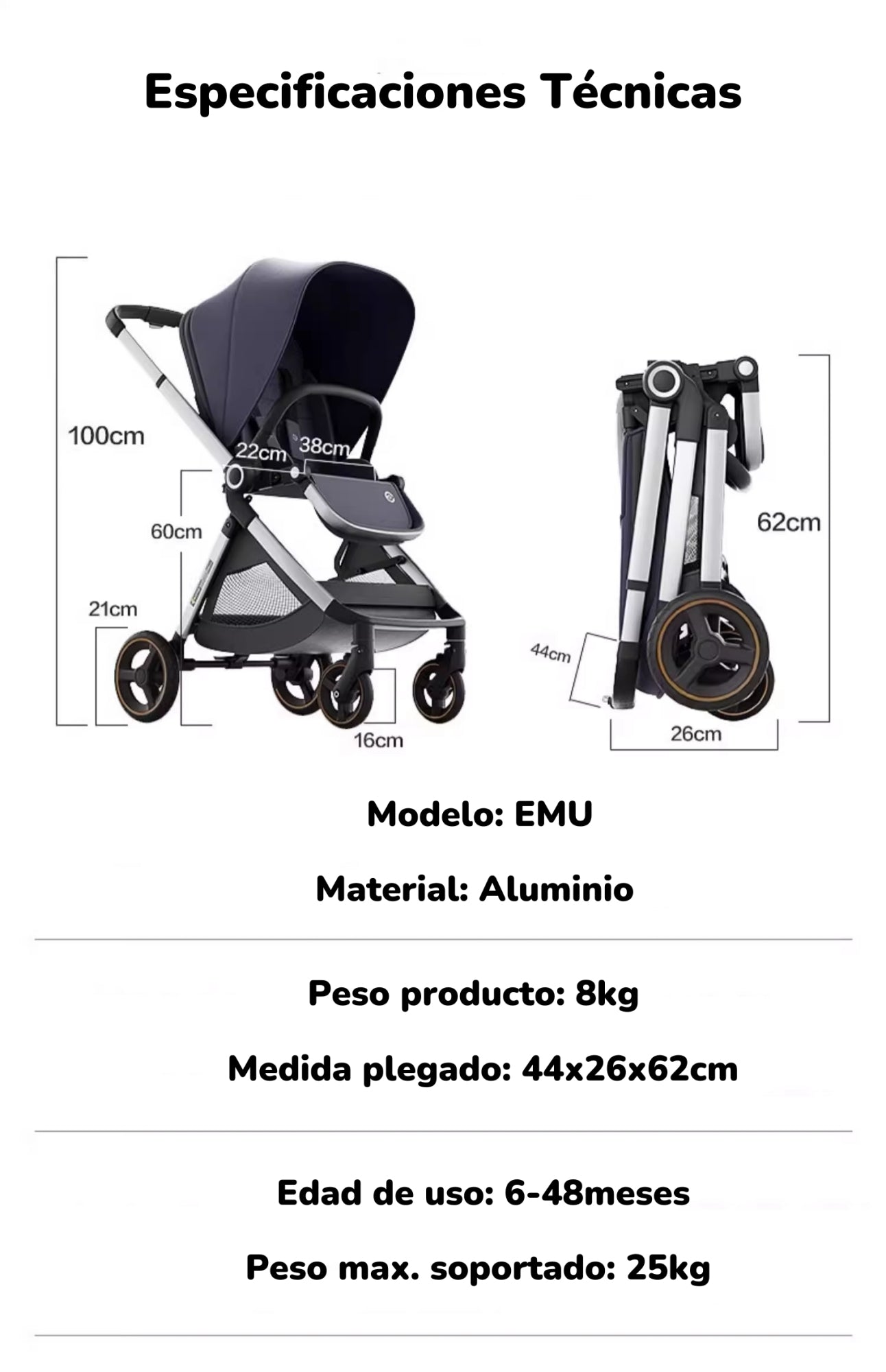 Coche De Paseo De Aluminio 2 Modos EMU Azul LuBabycas