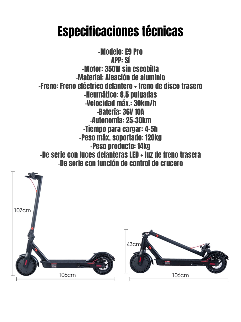 Scooter Eléctrico Aluminio Con APP 30KM 36V 350W E9Pro