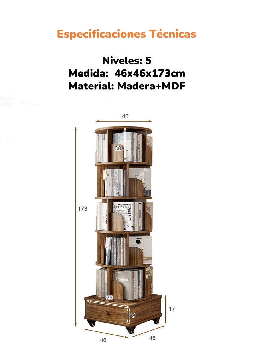 Biblioteca Giratoria 360 Librero Organizador Con Cajón 173cm