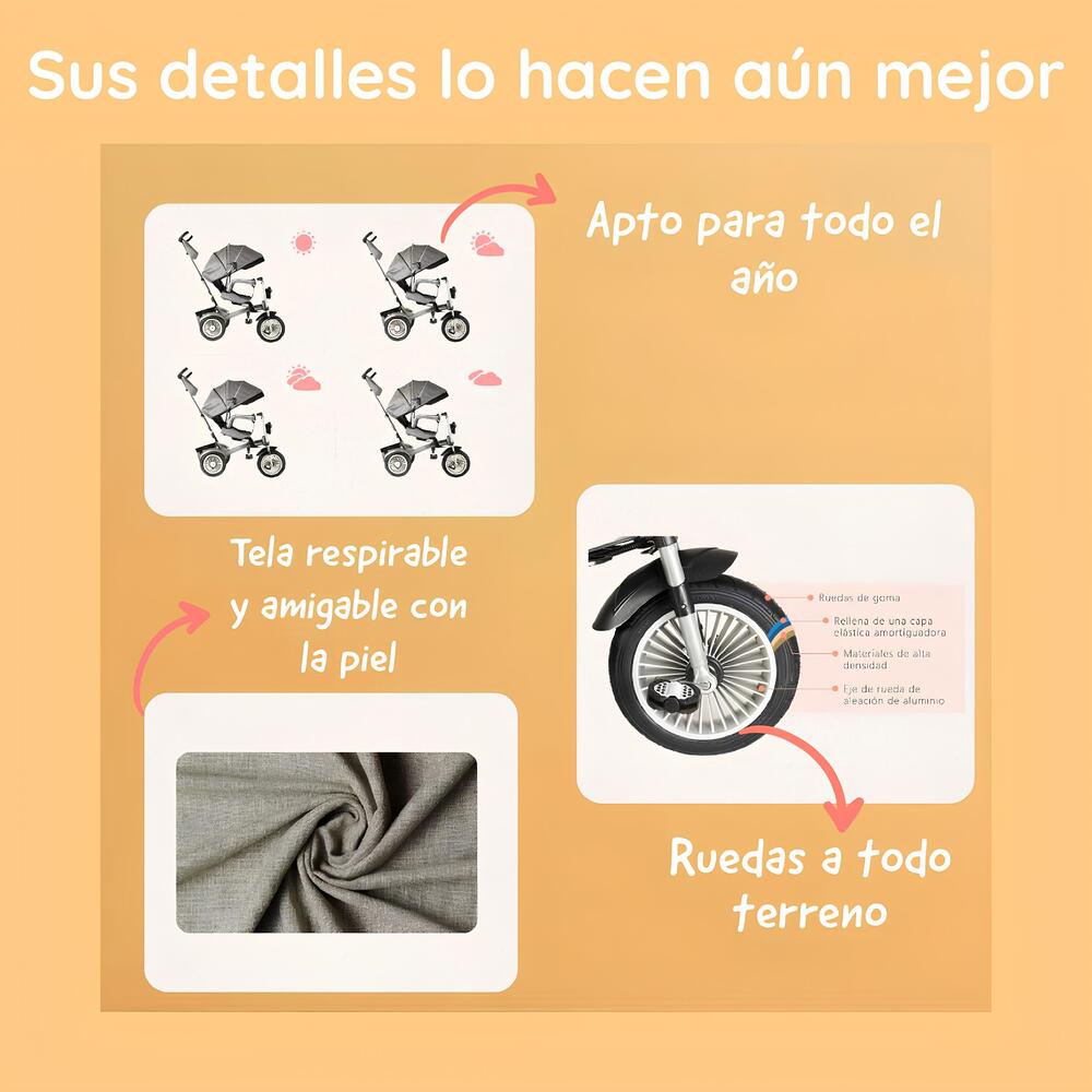 Triciclo Multifuncional 360° Con Luces Lubabycas Gris