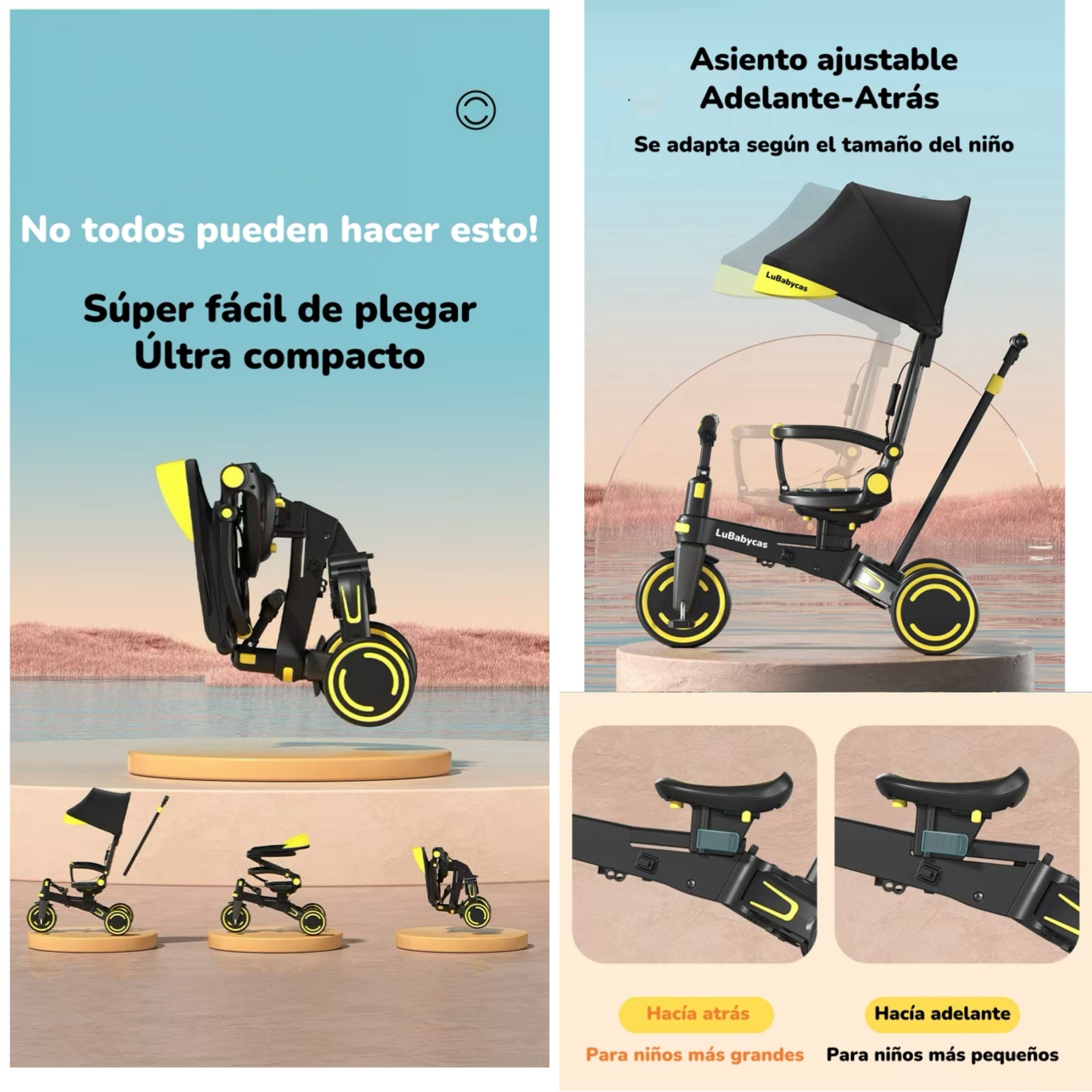 Triciclo Balance Plegable Con Bolso 9 En 1 LuBabycas Rosado