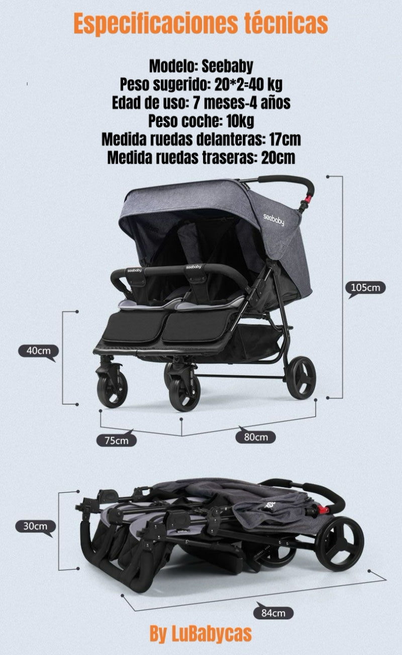 Coche Doble Reclinable 4 años Seebaby Gris LuBabycas