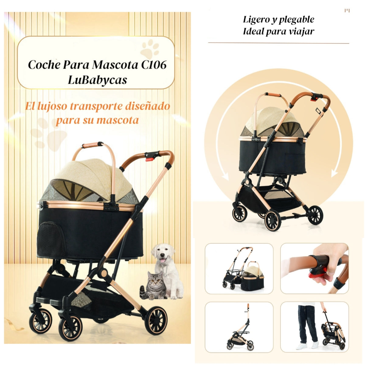 Coche Para Mascotas Premium 2 En 1 C106 Rosado LuBabycas