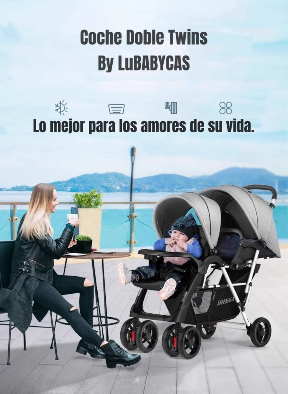 Coche Doble Duo Reclinable Plegable Gris By LuBabycas