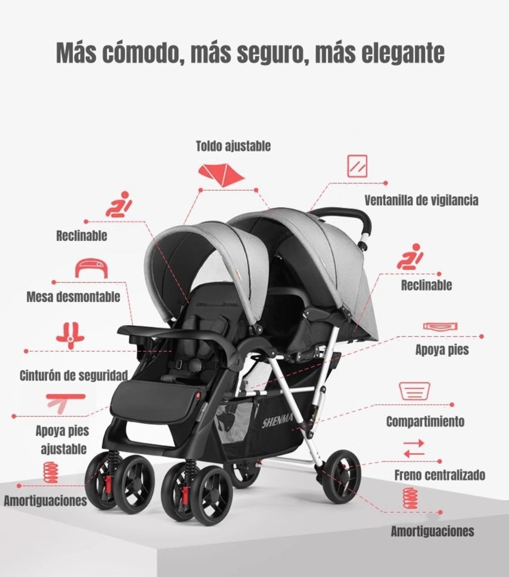 Coche Doble Duo Reclinable Plegable Gris By LuBabycas