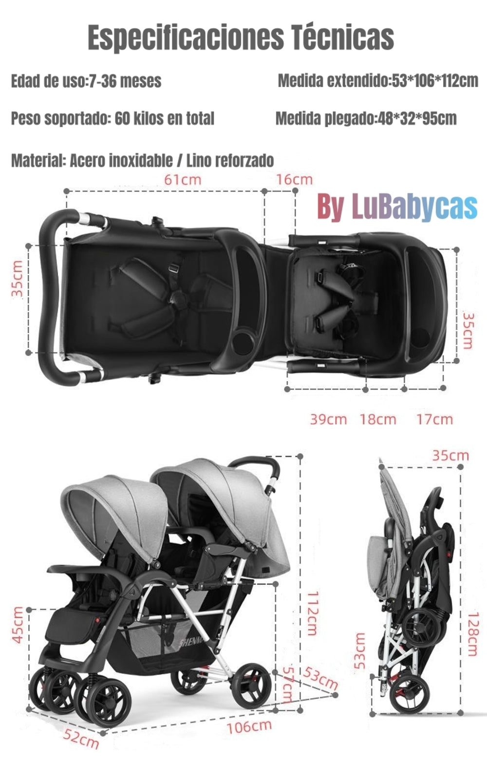 Coche Doble Duo Reclinable Plegable Gris By LuBabycas