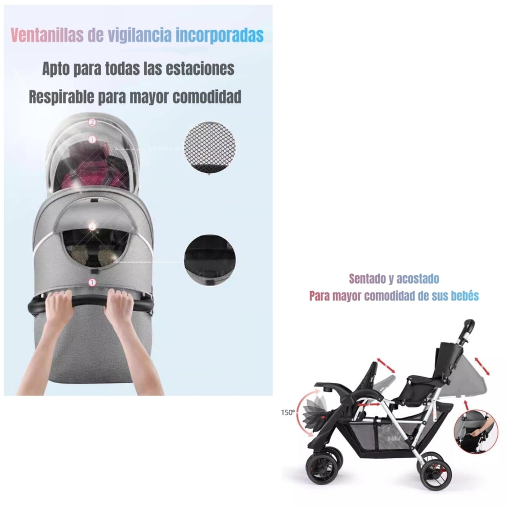 Coche Doble Duo Reclinable Plegable Gris By LuBabycas