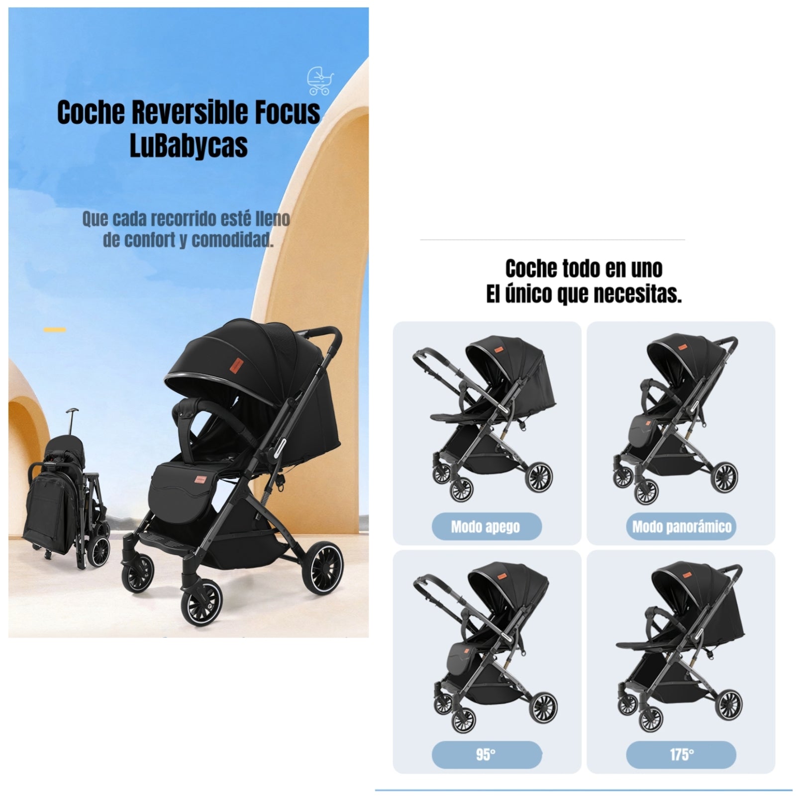 Coche Paseo Reversible Con Mosquitero Focus Gris LuBabycas