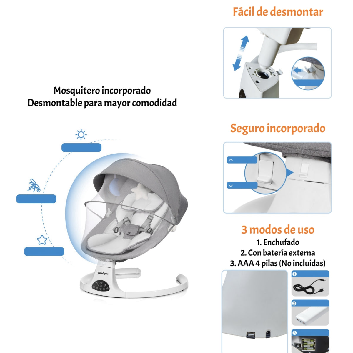 Mecedora Eléctrica 2 En 1 Bluetooth Yoya Gris LuBabycas