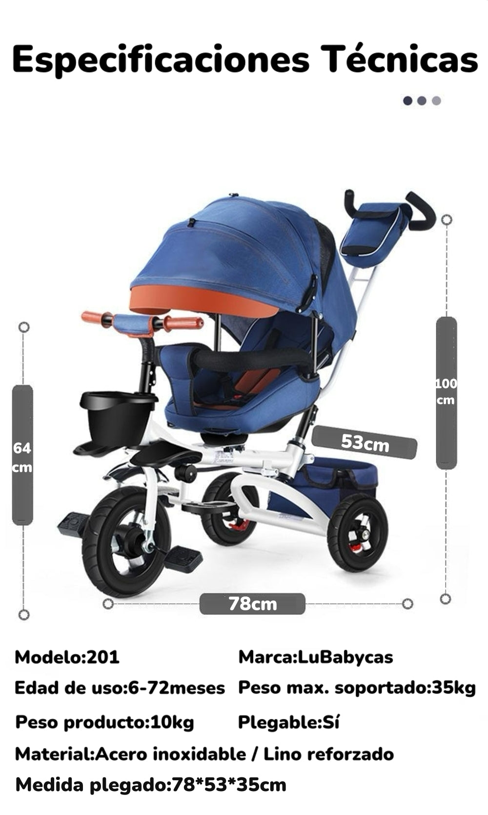 Triciclo Reversible Y Plegable Con Accesorios Azul Lubabycas