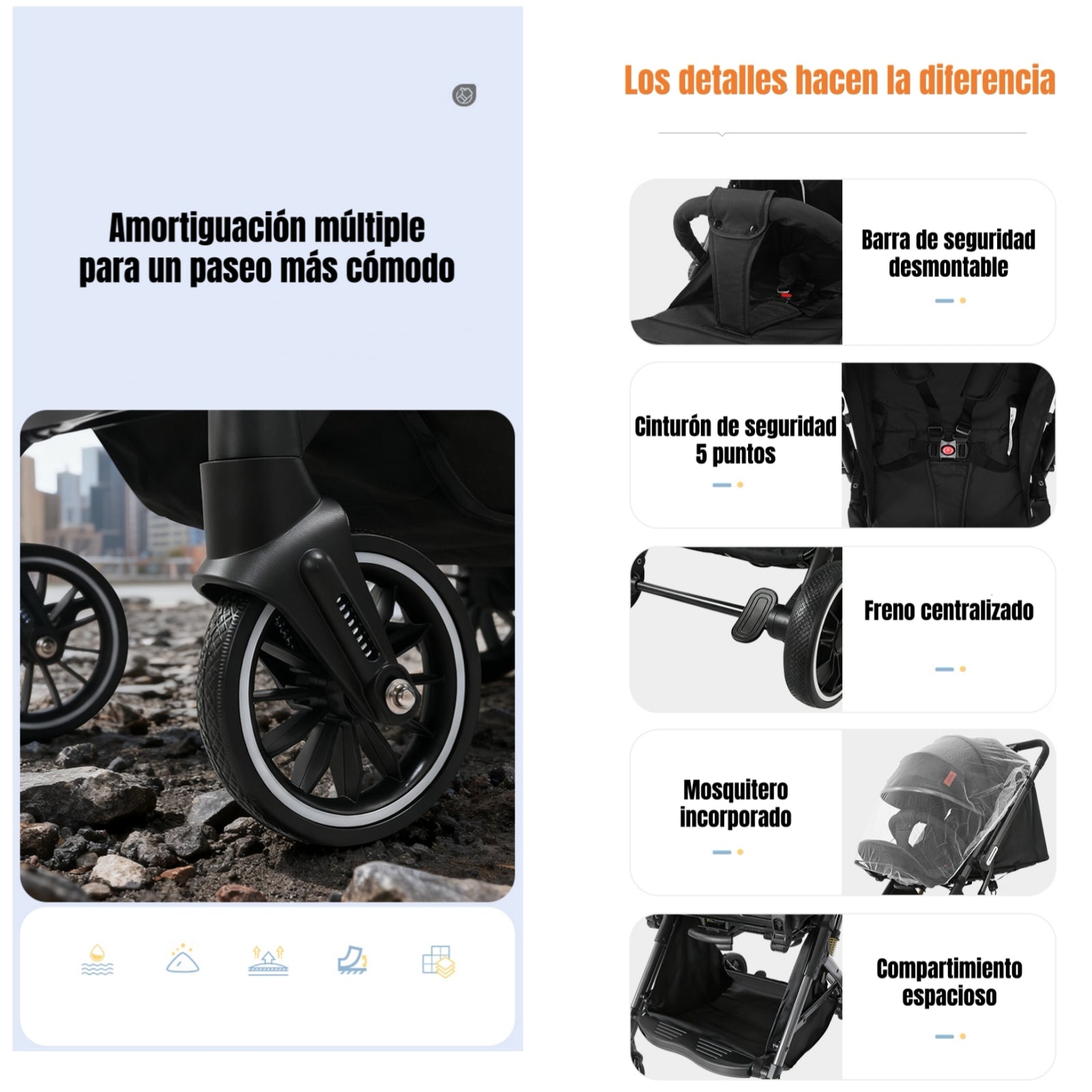 Coche Paseo Reversible Con Mosquitero Focus Negro LuBabycas