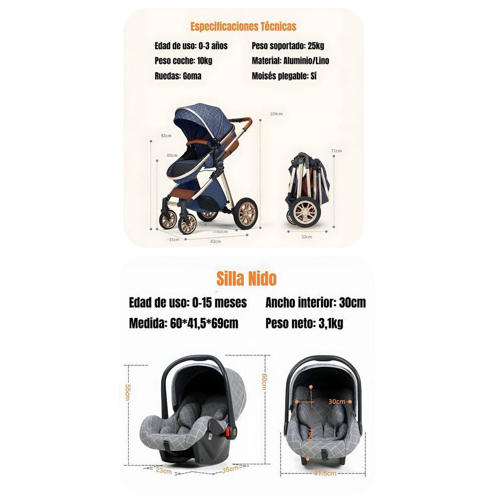 Coche Deluxe Con Silla Nido Y Accesorios Café Lubabycas