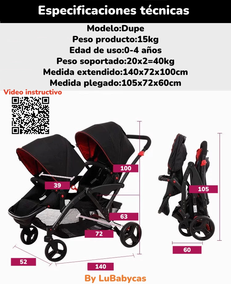 Coche Doble Duo Reclinable 9 Modos En 1 LuBabycas Negro