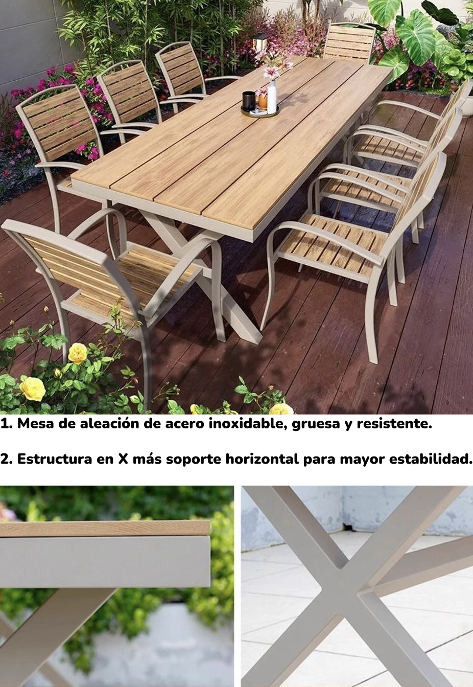 Juego De Comedor Exteriores 220CM Y 8 Sillas Impermeables