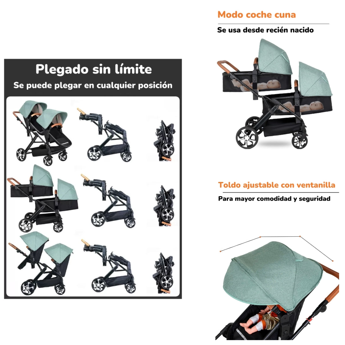 Coche Cuna Doble Multiposiciones Compacto A8 Negro LuBabycas