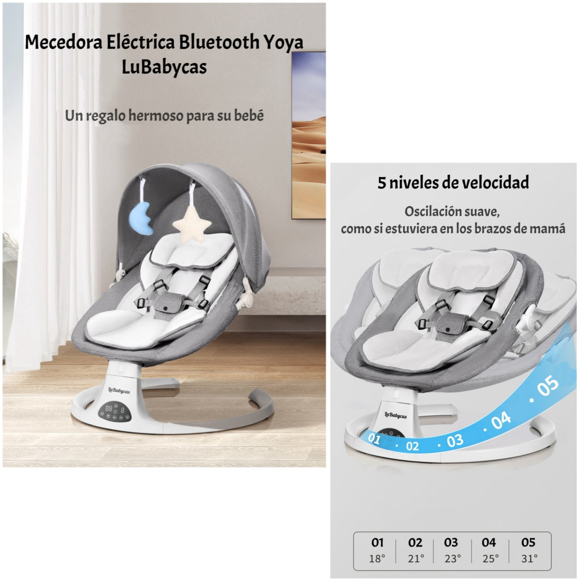 Mecedora Eléctrica 2 En 1 Bluetooth Yoya Gris LuBabycas
