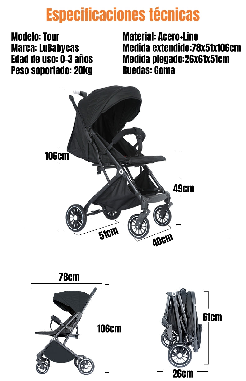 Coche De Paseo Maleta Compacto 0-3 Años Tour Negro LuBabycas