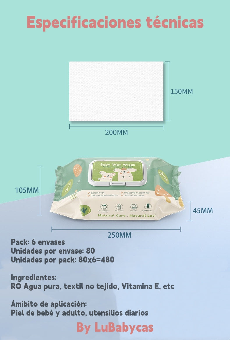 Toallitas Húmedas Con Tapa Pack 6x80 Unidades LuBabycas