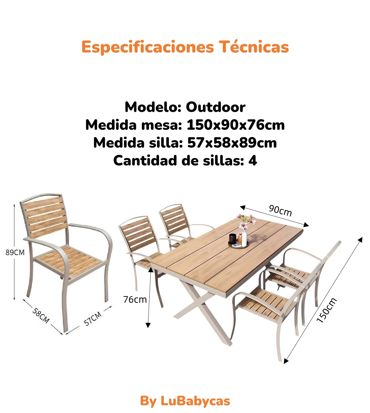 Juego De Comedor Exteriores 150CM Y 4 Sillas Impermeables