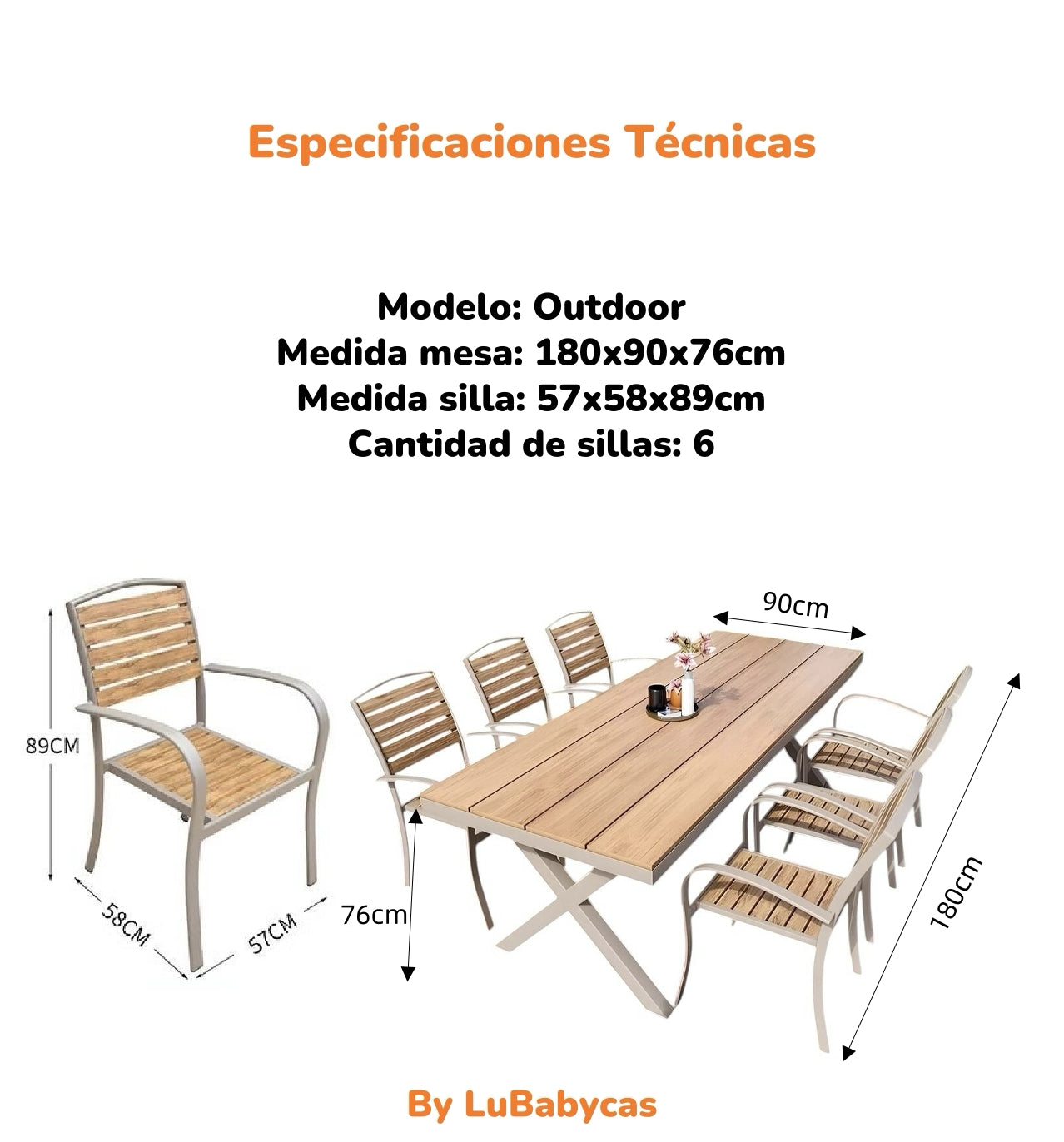 Juego De Comedor Exteriores 180CM Y 6 Sillas Impermeables