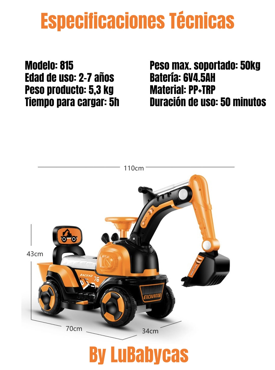 Excavadora Eléctrica Montable Luces Música LuBabycas Azul