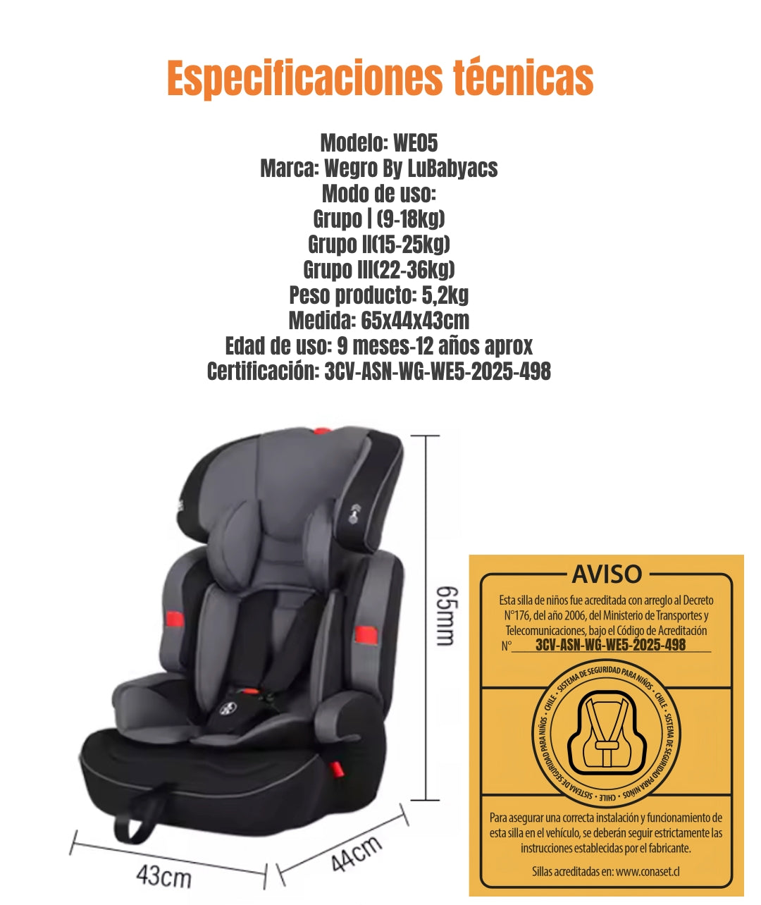 Silla De Auto Butaca 9-36KG 12 Años Gris WE05 LuBabycas
