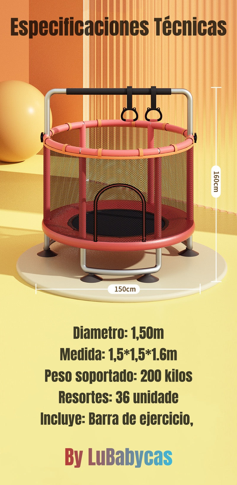 Cama Elástica Trampoline 150cm Con Barra Ejercicio LuBabycas